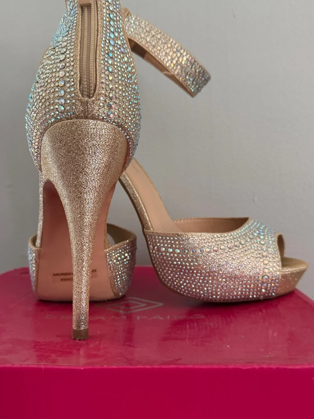 Dream Pairs Gold Rhinestone Ankle-Strap Platform Heels